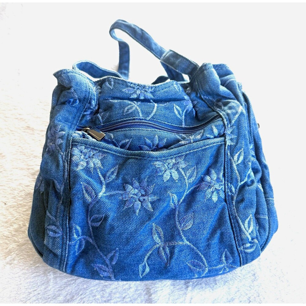 Y2k Blue Denim Floral Embroidered Shoulder Bag Handbag Zip Closure Pockets Lined